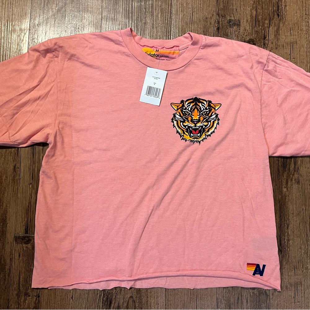 NWT AVIATOR NATION BOYFRIEND TIGER TEE SIZE MEDIUM $83 NEW PETAL PINK